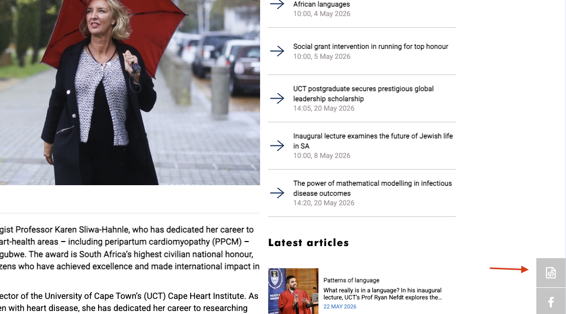UCT News article with arrow pointing to embed button
