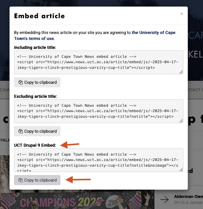UCT News article embed code popup