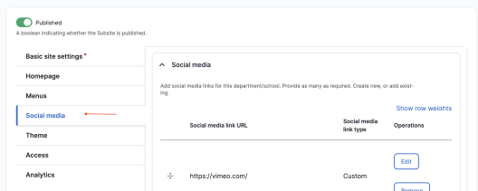 Site setting Social media tab