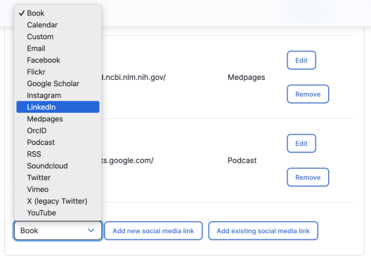 Social media footer options list