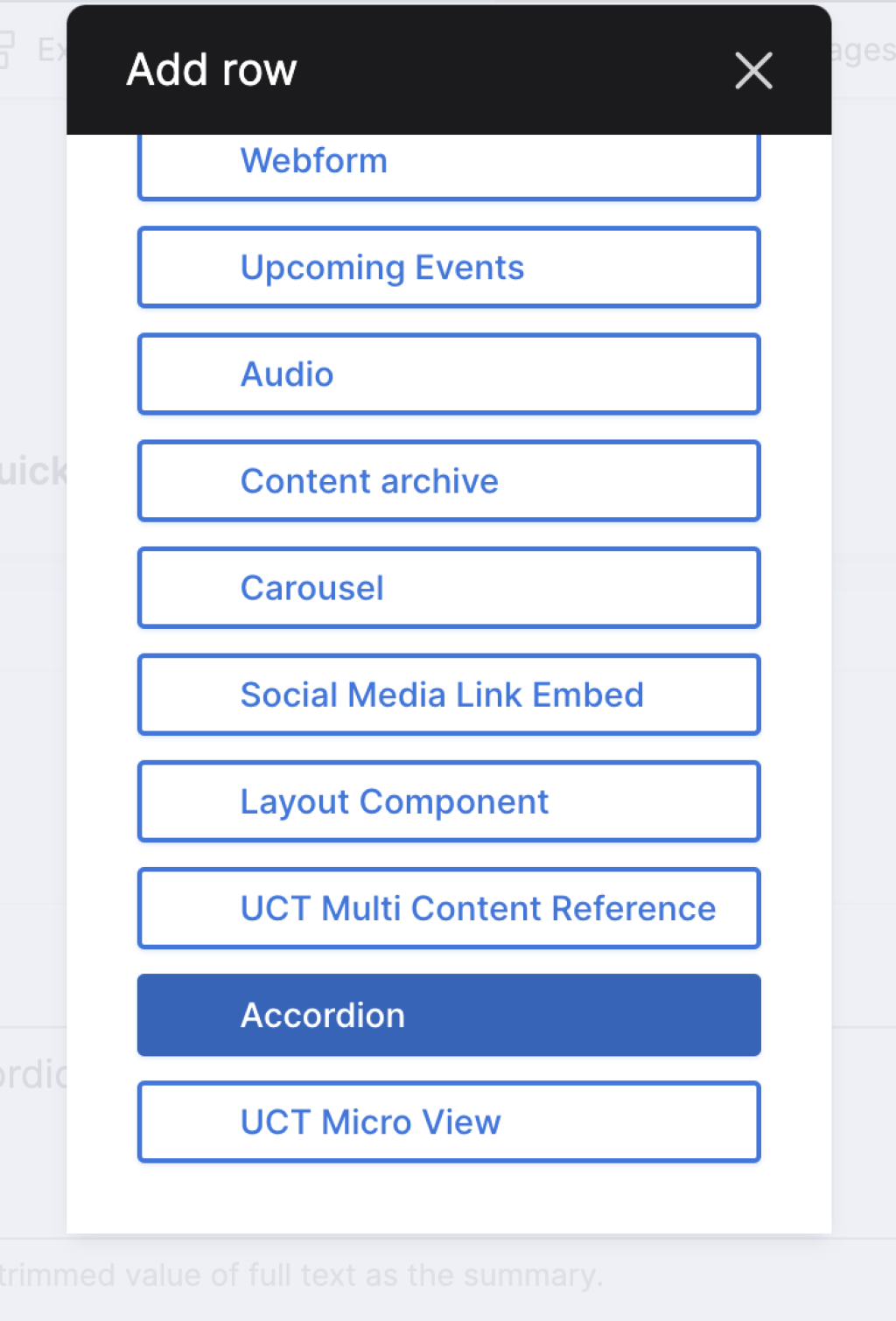 Accordion component selection